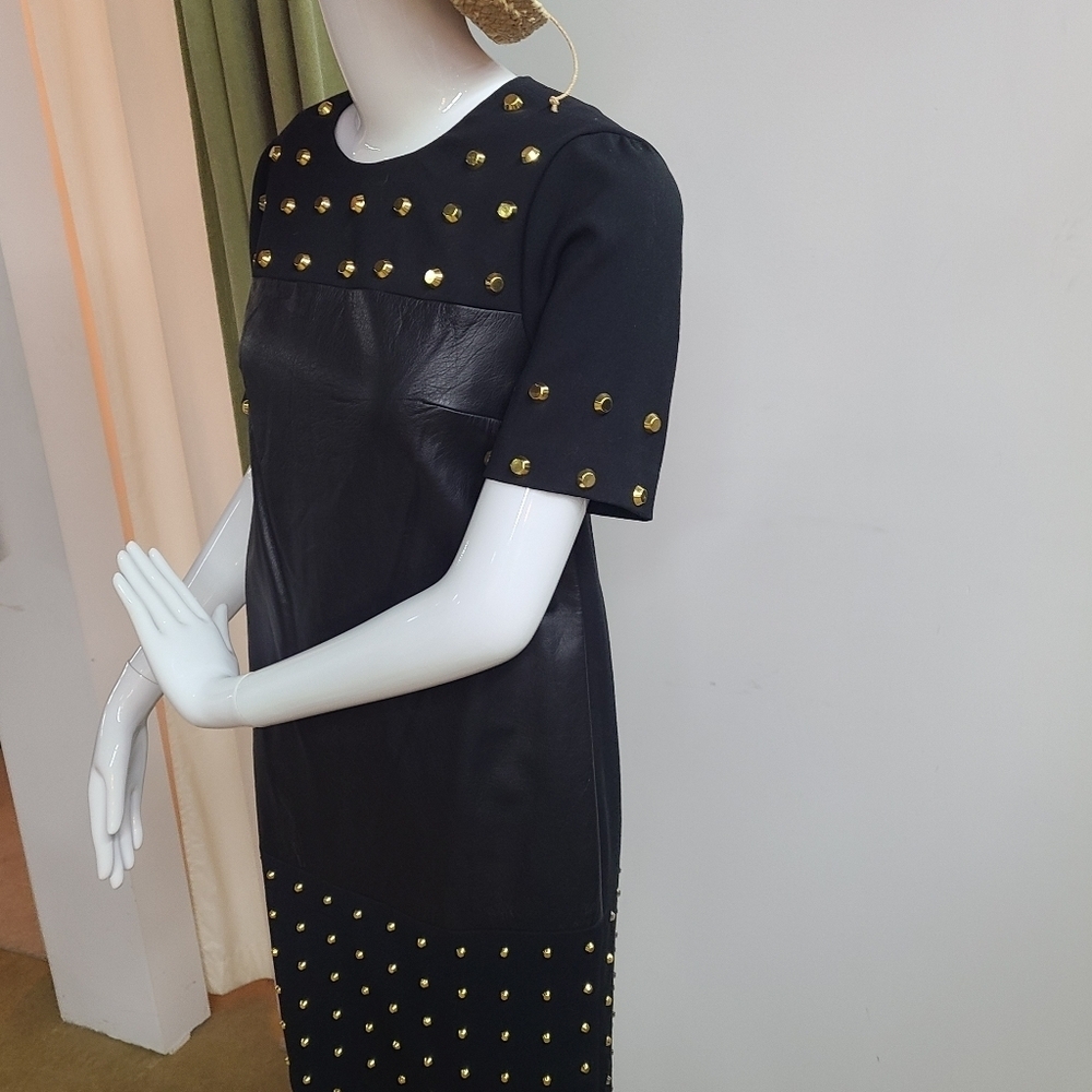 Michael Michael Kors Black Leather Gold Studded Midi Dress Size 0 - Picture 15 of 16